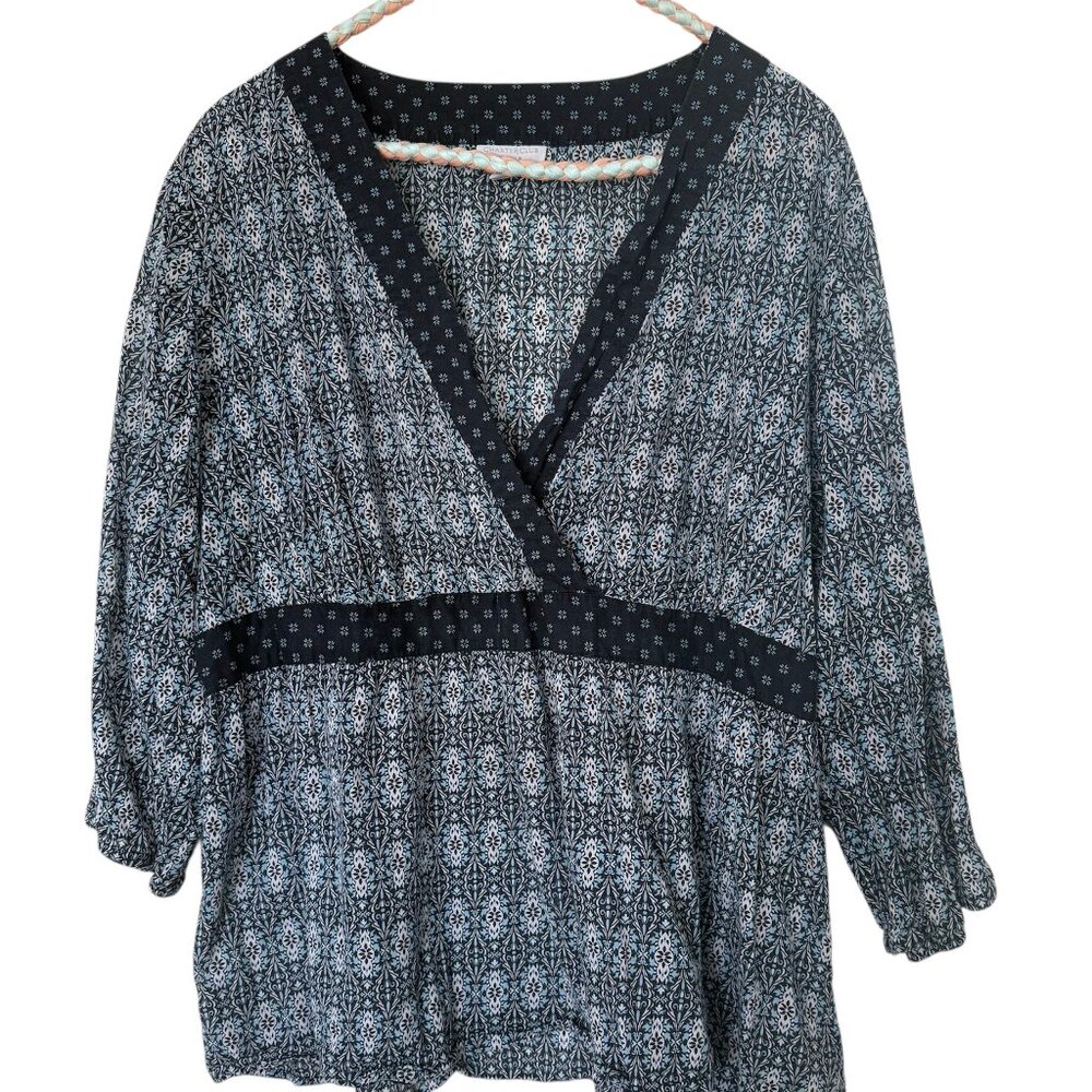 Charter Club Womens Boho Y2K Babydoll Top 18W 3/4 Sv Geometric‎ Blue Cottagecore